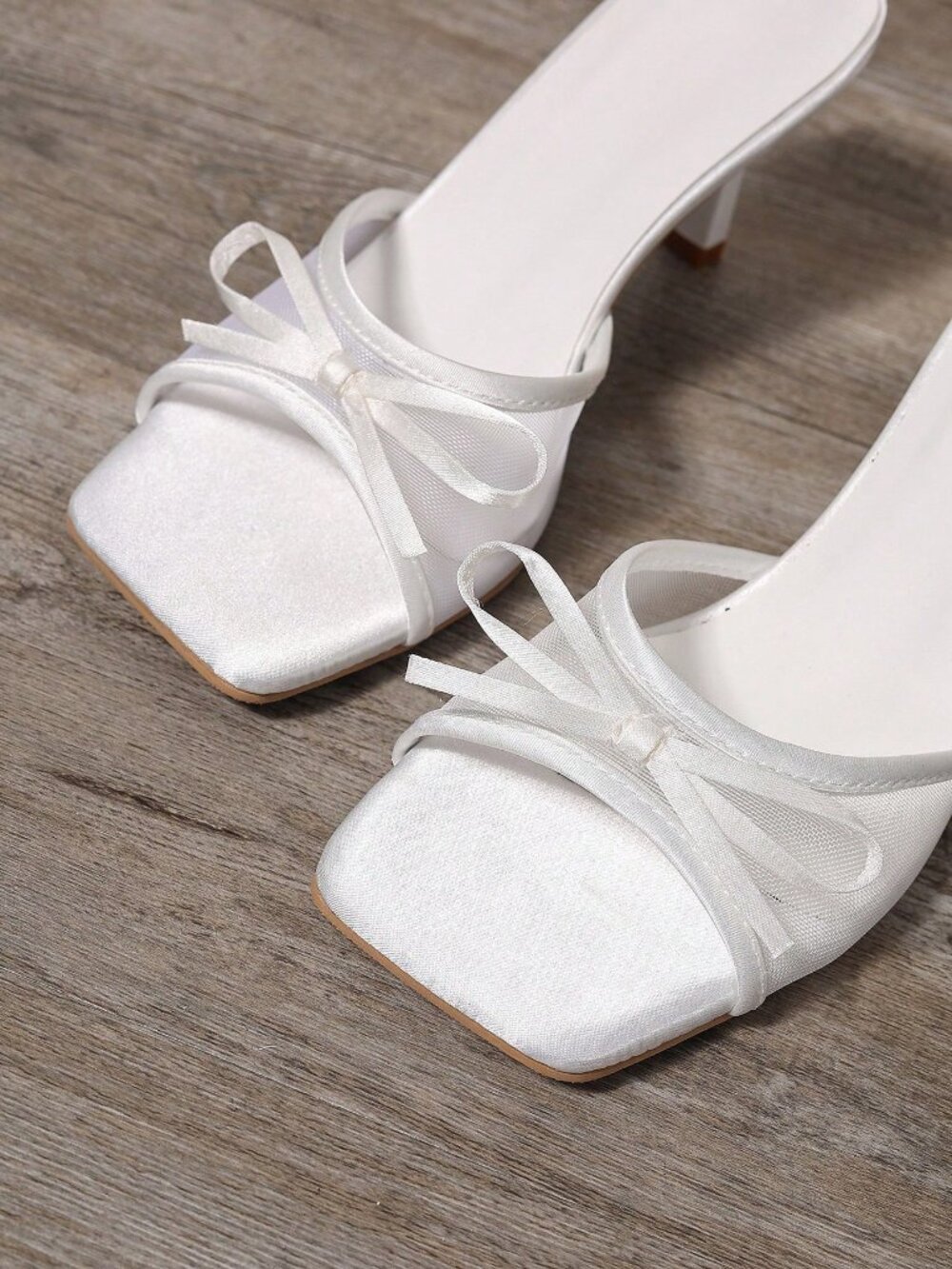 White Bow Square-Toe Slip-On Heels